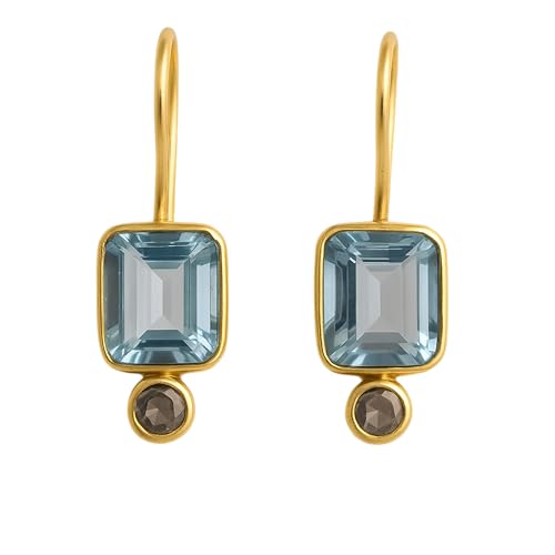 Blue Topaz and Smoky Quartz Gold Plated Sterling Silver Drop Earrings - Handmade Mother's Day Jewelry Gift Ideas for Women - Natural Gem Gemstone - Birthstone Birthday Gift (Topaz and Smoky Quartz)