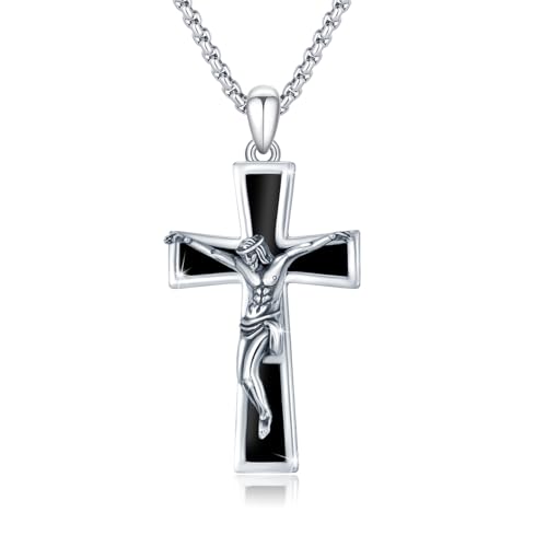 Pendentif Jésus croix en argent 925 et onyx, le cadeau chrétien idéal pour homme