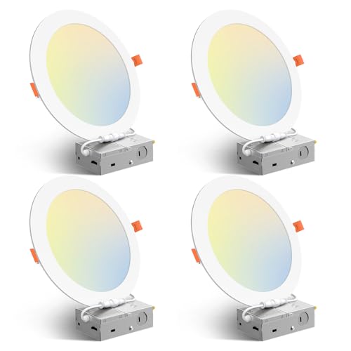 Amico 4 Pack 8 Inch 5CCT Ultra-Thin LED Recessed Ceiling Light with Junction Box 2700K/3000K/3500K/4000K/5000K Selectable 18W Eqv 125W 1600LM Brightness Dimmable Canless Wafer Downlight ETL