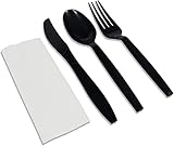 MARKQ [50 Pack] Black Plastic Cutlery Set with Napkin - Knife Fork Spoon Napkin Set -Disposable Cutlery Set