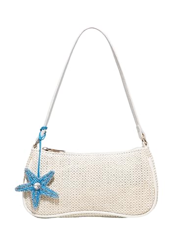 Verdusa Women's Boho Seashell Shoulder Bags Zipper Single Strap Straw Handbags Underarm Purses