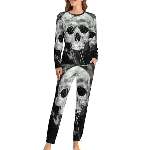 Pyjama femme crâne t-shirt manches longues pantalon vêtement de nuit sleepwear ensemble loungewear chaud