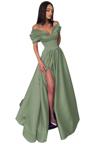 Image of Pleated Off The Shoulder Satin Prom Dresses for Women, Formal Evening Gowns Cocktail Party Dresses with Slit&Pockets