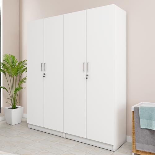 Image of VIKI Wardrobe | Wooden Almirah for 4 Door Fully Shelves Wardrobe (Frosty White - 40D x 160W x 180.8H) | 1 Year Warranty | Free Assembly