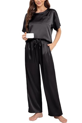 Nanxson Donna Set Pigiama in Raso Abbigliamento da Notte A Due Pezzi Pigiama A Manica Corta con Pantalone Lungo per Pigiama Morbida Biancheria da Letto(S,Nero)