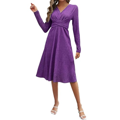 UnoSheng Weihnachtsstrickkleider Lässiges, sexy, einfarbiges Swing-Kleid für Damen mit V-Ausschnitt Kleid Blau Langarm (Purple, L)