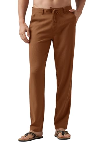 Willit Men's Linen Pants Casual Linen Dress Pants Drawstring Beach Summer Pants Lightweight Linen Trousers Caramel 34W x 29L