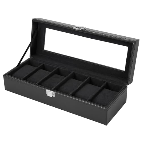 Ohuhu Watch Box, 6 Slot Watch Case for Men with Glass Lid, PU Leather Watch Holder with Velvet Pillows, Watch Storage Box for Men and Women, Gift Idea for Birthday Father's Day Valentine's Day