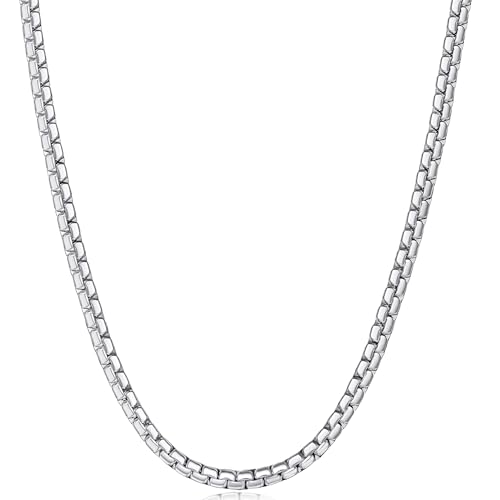 Fiusem Flat Box Chains for Men, 2.5/3/4/4.5/5mm Silver Tone Box Chain Necklace, Stainless Steel Necklaces for Men and Women 16-28 Inches, Jewelry Gift