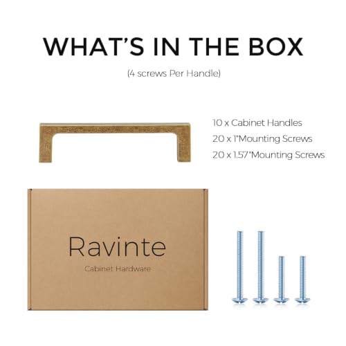 Image of Ravinte Antique Brass Kitchen Cabinet Solid Handles,3-3 /4 Inch,10 Pack | Solid Zinc Alloy, Modern Slim Style, Square Design, Deep-Thread Firm Base, Screws Included, for Kitchen Drawers & Cupboards