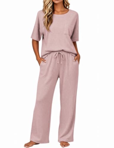 Image of JiniGolla Womens Pajama Sets Waffle Knit Short Sleeve Shirt with Long Pajama Pants Soft Sleepwear Pj Lounge Sets