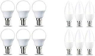 Amazon Basics LED E14 Small Edison Screw Golf Ball P45 Bulb, 5.5W (Equivalent to 40W), Warm White- Pack of 6 & LED E14 Small Edison Screw Candle Bulb, 5.5W (Equivalent to 40W), Warm White- Pack of 6