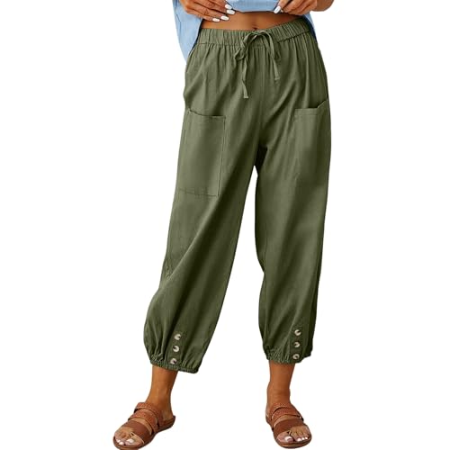 Pantalones Mujer Verano Frescos Ligeros Anchos 7/8 Pantalón Largo Cintura Elástica Cómodos Algodón Pantalones Harem Verde Militar L