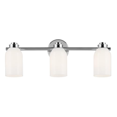 Image of Kichler Shae 3-Light Bathroom Vanity Light, Chrome | White opal glass vanity light for modern bathroom mirrors (24.25 inch x 9 inch), 55202CH