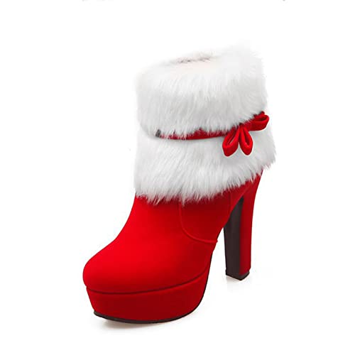 PURCHAWEE Women's Winter Fur Ankle Boots Christmas Boots,Bow Decor Side Zipper Fur Closure Chunky High Heel Santa Boots Snow Boots