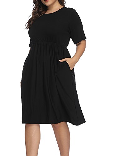 Allegrace Women Plus Size Half Sleeve Round Neck Cocktail Midi Dress Ruffle Party Dresses Black 1X #TOP1
