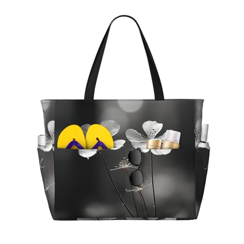 Black and White Flowers Print Large Capacity Foldable Washable Zipper Beach Travel Tote Bag ShoppingBag