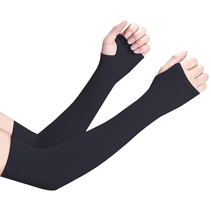 Arm Sleeves for Men & Women UV Protection Hand Sleeve with Thumb for Boys & Girls Sun Protection Cover for Running, Bike Riding, Cricket - Nylon - Black-image-29