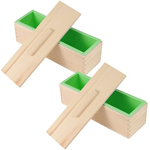 ZEONHAK 2 Pack 42oz Flexible Rectangular Silicone Soap Mold, Soap Loaf Mold with Wooden Box for Soap Making, Candle, Cake, Pudding, Chocolates, Green