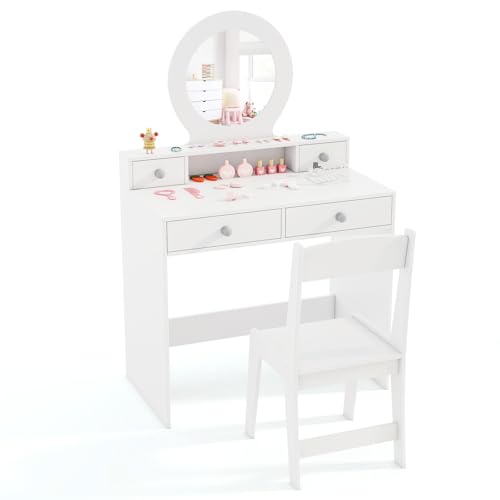 Image of HONEY JOY Kids Vanity, Little Girls Vanity Set with Mirror and Stool, Drawers, Toddler Makeup Vanity Dressing Table, Wooden Pretend Play Kids Vanity Table and Chair Set (White)