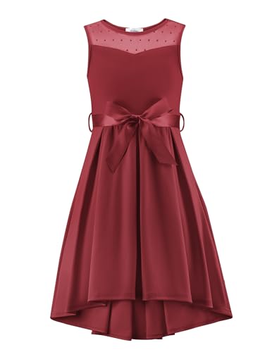 Arshiner Mädchen Ärmelloses Hochzeitskleid Mesh Kleider Blumenmädchen Abendkleid Sommer Kleid Festliches Partykleid Elegant Ballkleid mit Gürtel für Kinder 9-10 Jahre Rotwein