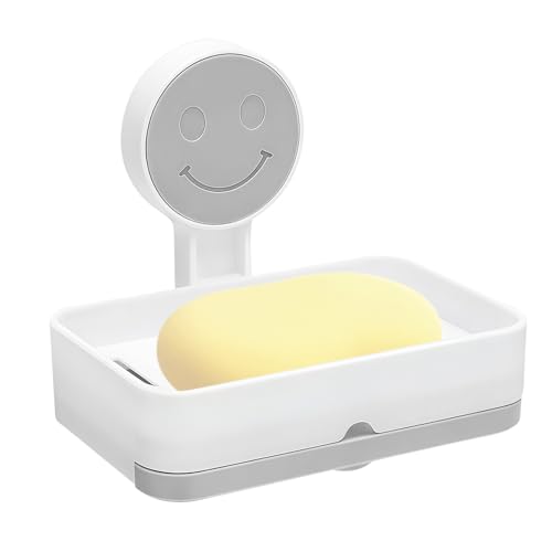 TMZELOA Porta Jabon Ducha Sin Taladro – Porta Jabon con Ventosa de Pared, Caja Porta Jabon Plastico con Doble Capa y Drenaje, Porta Jabon Baño y Cocina, Soporte Blanco Gris Resistente hasta 5KG