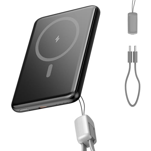 Magnetische Power Bank, 5000mAh Powerbank 20W PD Wireless Schnellladung, Tragbares Ladegerät Ladekabel USB C, Externe Handyakku für iPhone 16/15/14/13/12 Series