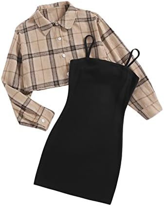 Romwe Girl's 2 Piece Outfit Sleeveless Cami Bodycon Dress with Crop Jacket Apricot and Black 9Y