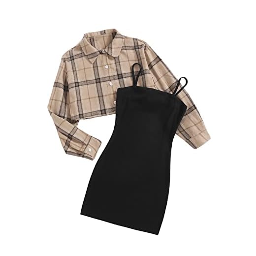 Romwe Girl's 2 Piece Outfit Sleeveless Cami Bodycon Dress with Crop Jacket Apricot and Black 11-12Y