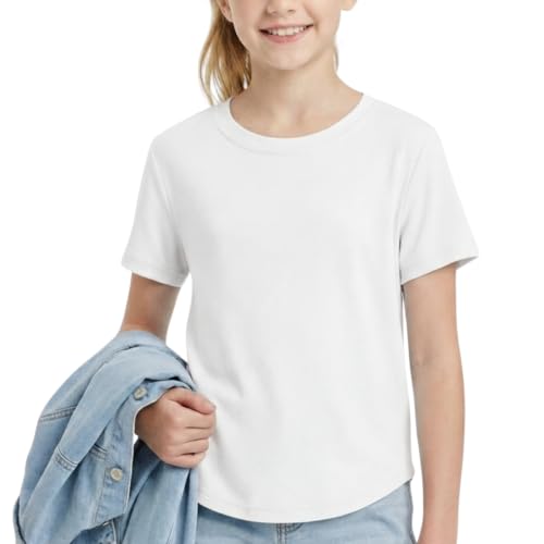 Image of WELAKEN Girls Soft T-Shirt with Curved Hem, Breathable Stretchy Rayon Crewneck Short Sleeve Tees, Kids Everyday Basic Top