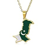 Fusamk Pakistan Map Pendant Necklace for Women, Fashion Stainless Steel Chain with Enamel Flag Design, Pakistani Country Symbol Jewelry(Gold)