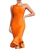 whoinshop Women's One Shoulder Mermaid Bodycon Dress Celebrity Midi Party Club Bandage Dress Orange S
