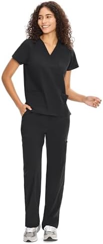 Scrubs for Women Set Medical Uniform - V-Neck Top & Straight Leg Pants with 9 Pockets, Wrinkle-Resistant Unisex Workwear, Black, S — view 7