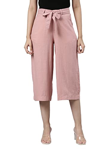 Image of GO COLORS Solid Linen Culottes for Women | High Rise, Side Pockets, Front tie-up