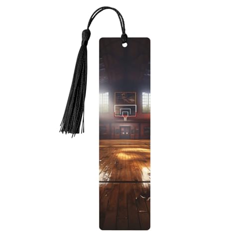 カラフルなタッセル付き木製しおり ブラック バスケットボールコート 木製ブックマーカー パーソナライズ 木製ハンギングタグ オーナメント DIY クラフト しおり メンズ レディース 本好き向け