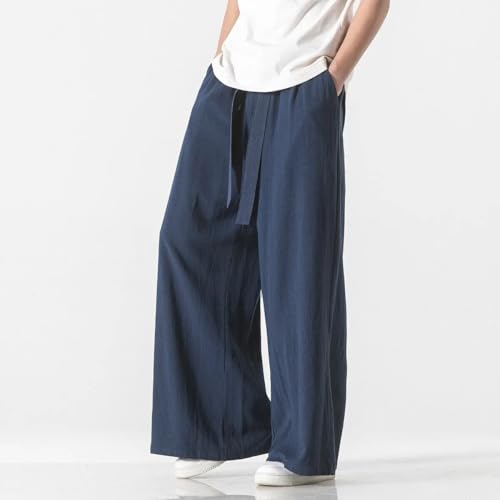 Wide Leg Pants Men Linen Cotton Solid Color Loose Japanese Style Casual Trousers2
