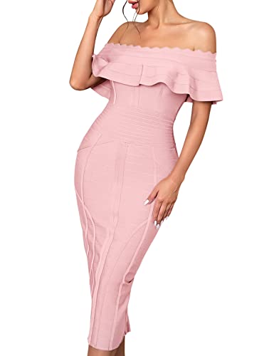 Image of Off Shoulder Bandage Dresses for Women Wedding Guest Party Midi Formal Gowns Evening Dress