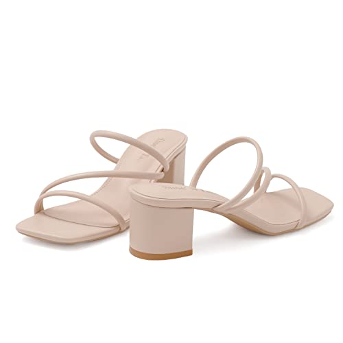 Image of Shoe'N Tale Strappy Heels For Women Low Chunky Block Heel Heeled Sandals Square Open Toe Slip On Slides Mules