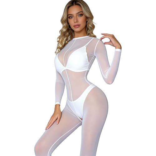 PARUPRUP Women's Sexy See-Through Mesh Bodystocking Long Sleeve Backless Bodysuit Hollow Out Bodycon (White 1-mesh, One Size)