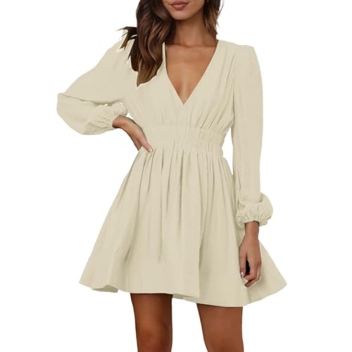 Mini vestido con cuello en V profundo, vestido sexy, vestido de manga larga para mujer, vestido acampanado, cintura alta, vestido informal y fluido, beige, XL