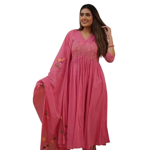 Image of KANCHAN TRADERS Women's Cotton Round Neck 3 /4 Sleeve Chikankari Embroidered Printed Kurta Palazzo with Dupatta Set