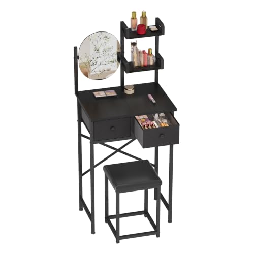 X-cosrack Small Black Makeup Vanity Desk 19.7''W with Adjustable Mirror and Chair, Space-Saving Vanity Table with 2 Fabric Drawers 2 Opening Shelves for Girls Gifts, Bedroom, Small Spaces, Black
