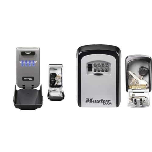 Master Lock Boite a Clef avec Code rétoéclairé, Fixation Murale, Extérieur, 12.6 x 7.2 x 5.2 cm & Boite a Clef sécurisée, Fixation Murale, Extérieur, 11.9 x 8.5 x 3.6 cm, Gris/Noir
