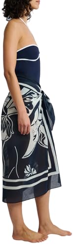 Cotton Chiffon Pareo, Deep Navy/Egret, Ratti Block Palm, One Size3