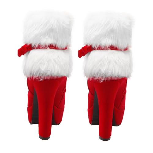 WOFASHPURET Botines de Tacón Grueso para Mujer Invierno Navidad Botas Cortas Plataforma Antideslizante Forro de Felpa y Lazo Decorativo de Goma Segura y Cómoda Talla Roja