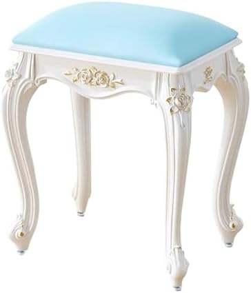 Victorian Style Vanity Stool - Round & Rectangular Makeup Chair, Cute Ottomans Bench for Bathroom, 17" Height, Purple Leather, Stylish Accent for Dressing Room.