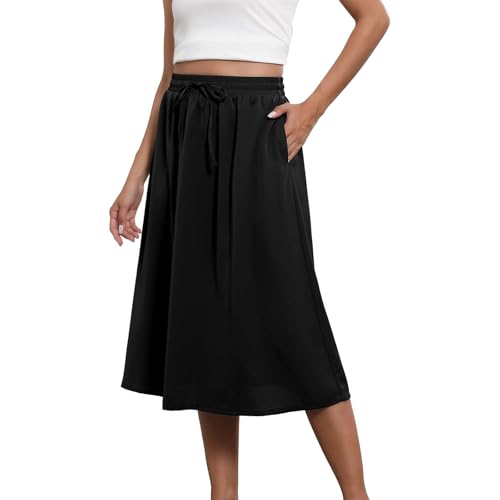 Today's Deals Skirts for Women UK Boho Skirts for Women Trendy Summer Flowy Floral Midi with Pockets Lightweight Drawstring High Ladies Pleated Black