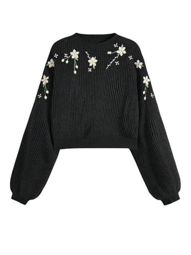 Image of BEAUDRM Women's Floral Embroidered Sweaters Crewneck Sweaters Long Sleeve Knitted Top Pullovers