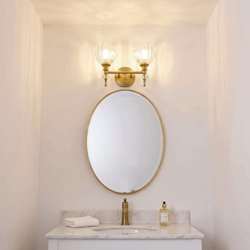 Image of ANDY STAR 2-Light Brushed Gold Bathroom Vanity Light, Transitional Sconce | Ribbed Glass & Crystal Accent, Damp-Resistant, Ceramic E12 Base, Reversible Up /Down Mounting