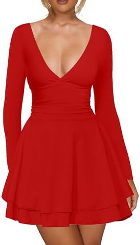 Kaximil Women's Sexy Long Sleeve V Neck Mini Dress Ruched A Line ...